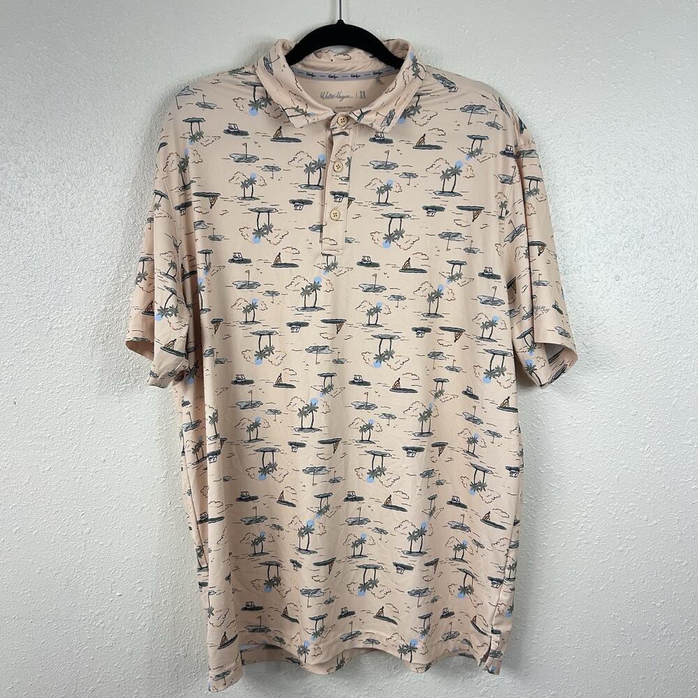 Walter Hagen Golf Polo 11 Majors Shirt Mens XL Beige Golf Cart Island Print